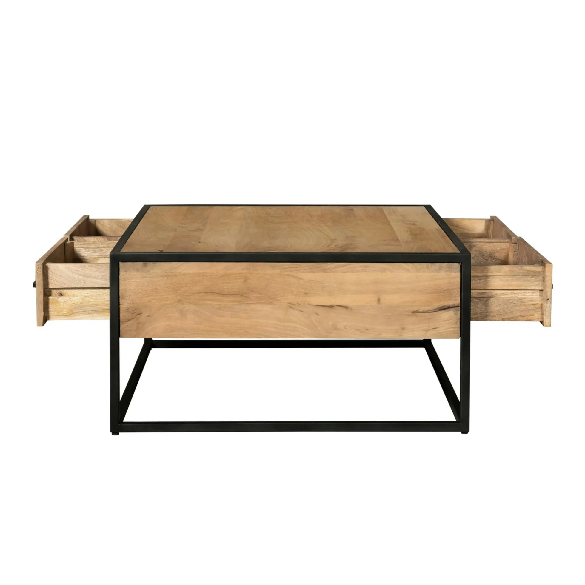 Table basse carrée bois clair métal noir 4 tiroirs RIVANO