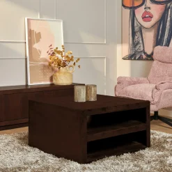 Table basse carrée bois foncé avec rangement MONTARO