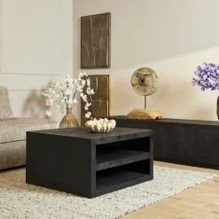 Table basse carrée bois noir avec rangement MONTARO