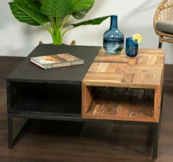 Table basse carrée bois recyclé de bateau métal DUMAI
