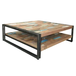 Table basse carrée bois recyclé double plateaux 100x100 CARAVELLE
