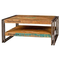 Table basse carrée bois recyclé double plateaux 80x80 CARAVELLE