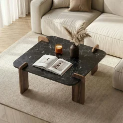 Table basse carrée décor marbré noir et noyer MARFA