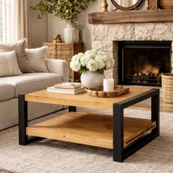 Table basse carrée double plateau bois clair métal noir MILORA