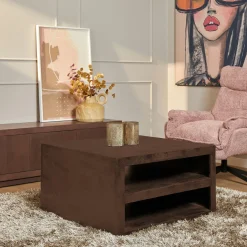 Table basse carrée effet noyer avec rangement MONTARO