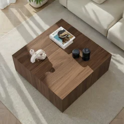 Table basse carrée effet noyer roulettes invisibles MARFA