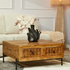 Table basse carrée en bois 4 tiroirs décor damier UDA