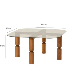 Table basse carrée en verre fumé - pieds bois marron sculpté BOMA