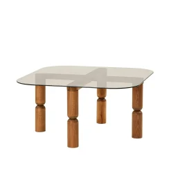 Table basse carrée en verre fumé - pieds bois marron sculpté BOMA