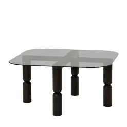 Table basse carrée en verre fumé - pieds bois sculpté BOMA