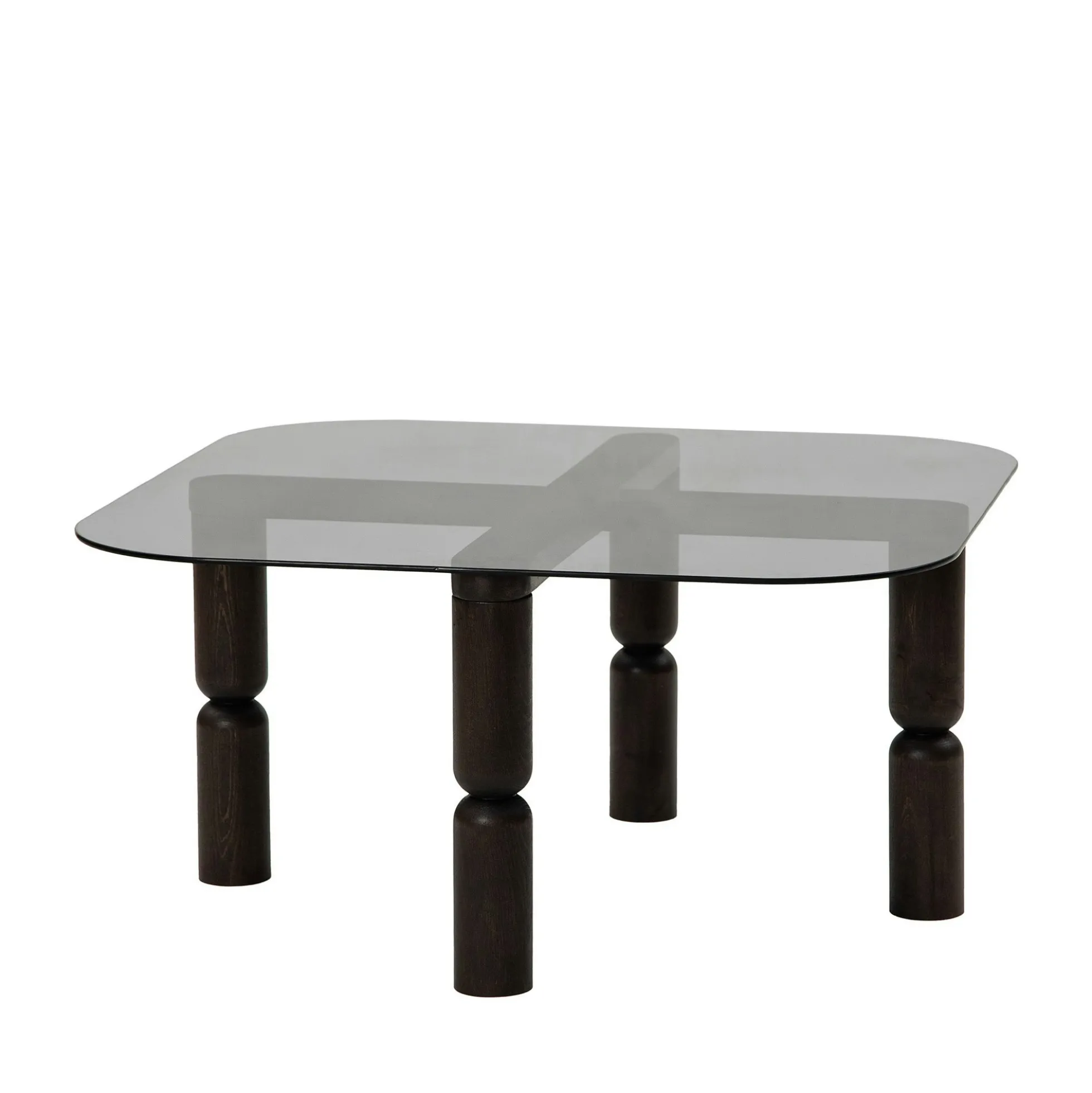 Table basse carrée en verre fumé - pieds bois sculpté BOMA