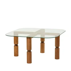 Table basse carrée en verre - pieds bois marron sculpté BOMA