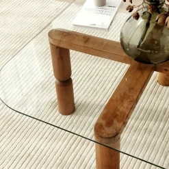 Table basse carrée en verre - pieds bois marron sculpté BOMA