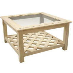 Table basse carrée Hévéa double plateaux - 1 vitré, 1 à croisillons - 80x80x45cm MAORI