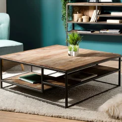 Table basse carrée teck recyclé tablettes SWING