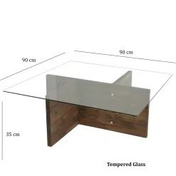 Table basse carrée verre et bois brun - base croisée LHASA