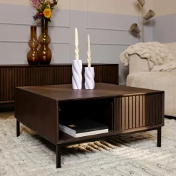 Table basse carrée vintage 2 tiroirs rainurés CORTINA