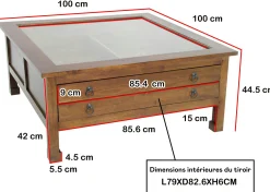 Table basse carrée vitré hévéa 100x100x40cm MAORI
