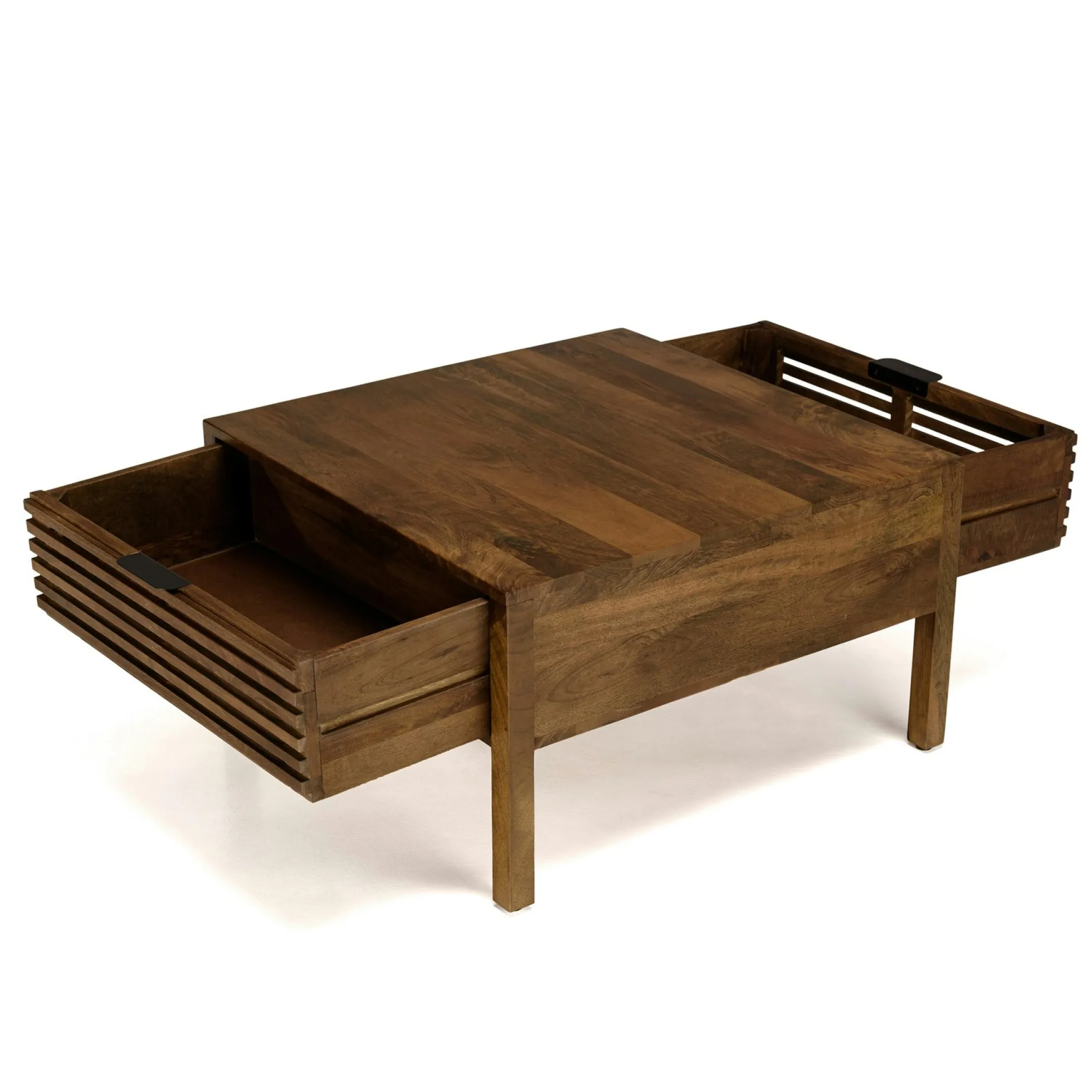 Table basse carrée 70x70 cm bois exotique 2 tiroirs opposés KANHA