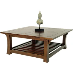 Table basse Chinoise Hévéa double plateaux - dont un ajouré - et pieds galbés 100x100x40cm MAORI