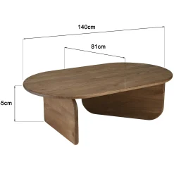 Table basse 140cm forme organique en bois de mindi ARCUS