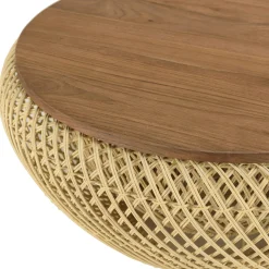 Table basse coffre ronde rotin beige et teck recyclé 66 cm SWING