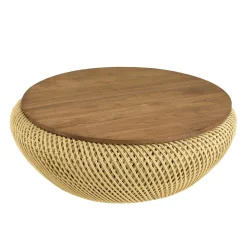 Table basse coffre ronde rotin beige et teck recyclé 81 cm SWING