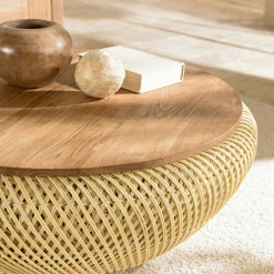 Table basse coffre ronde rotin beige et teck recyclé 81 cm SWING