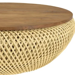 Table basse coffre ronde rotin beige et teck recyclé 81 cm SWING