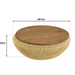 Table basse coffre ronde rotin beige et teck recyclé 81 cm SWING