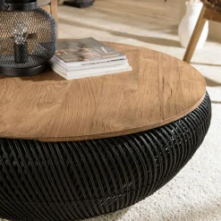 Table basse coffre ronde rotin noir et teck recyclé 100 cm SWING