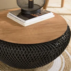 Table basse coffre ronde rotin noir et teck recyclé 66 cm SWING