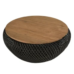 Table basse coffre ronde rotin noir et teck recyclé 66 cm SWING