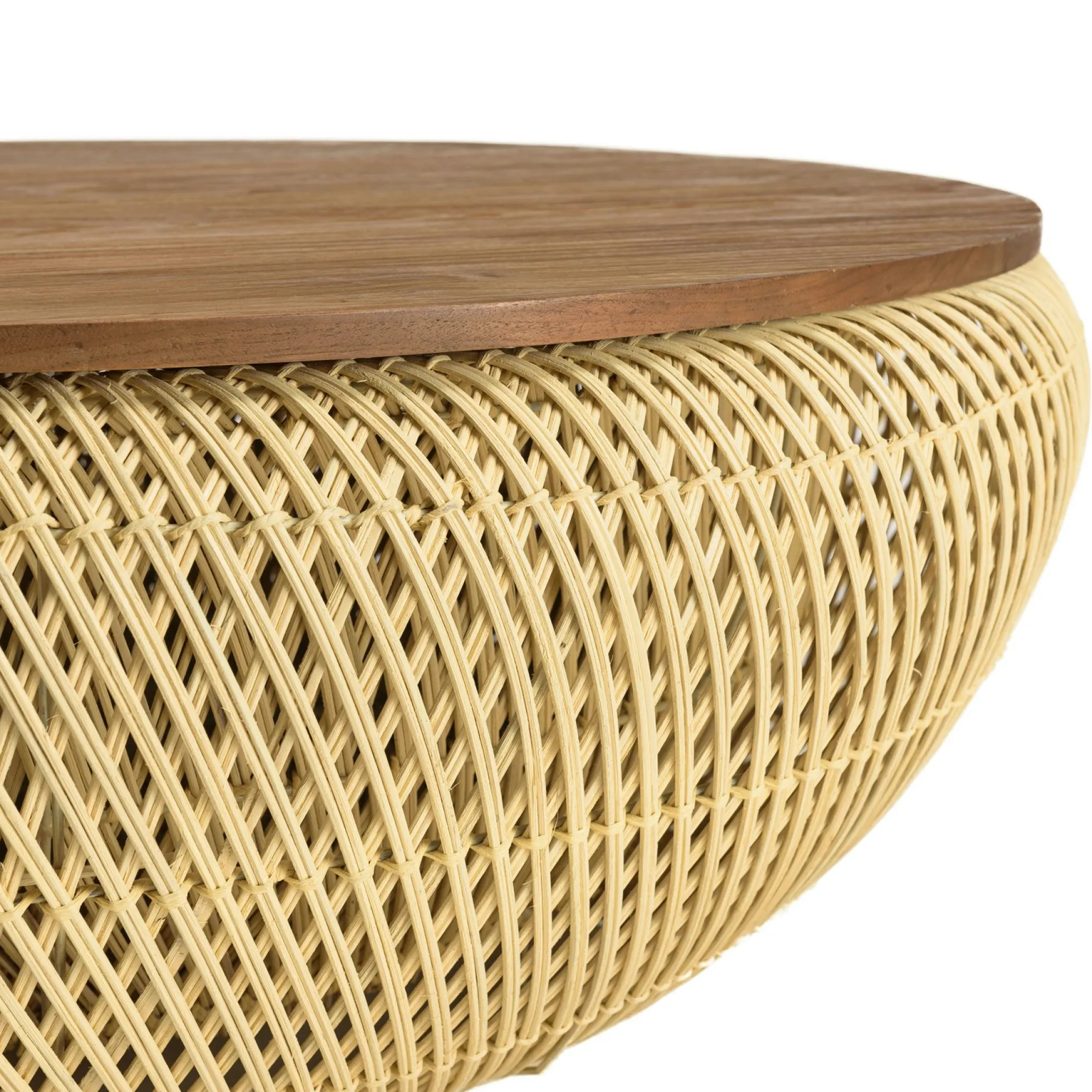 Table basse coffre ronde rotin beige et teck recyclé 100 cm SWING