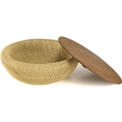 Table basse coffre ronde rotin beige et teck recyclé 100 cm SWING