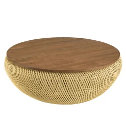 Table basse coffre ronde rotin beige et teck recyclé 100 cm SWING