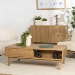 Table basse couleur naturelle 2 tiroirs 2 niches décor motif arrondi ELTON