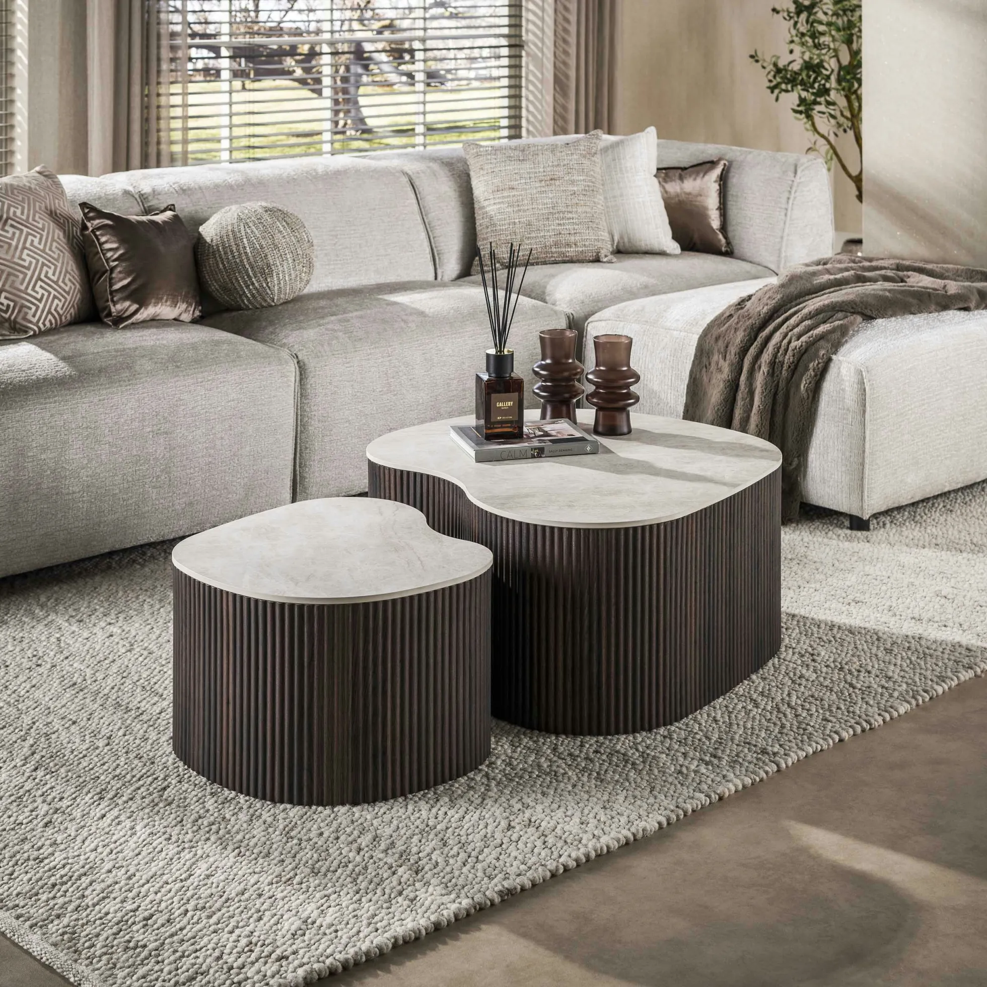 Table basse céramique 3D pied foncé (lot de 2) MAHAL