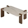 Table basse design bords ronds décor travertin et noyer MARFA