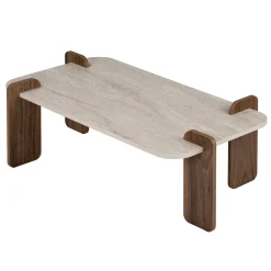 Table basse design bords ronds décor travertin et noyer MARFA