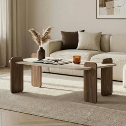 Table basse design bords ronds décor travertin et noyer MARFA
