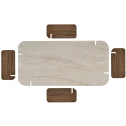 Table basse design bords ronds décor travertin et noyer MARFA
