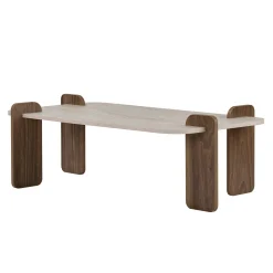 Table basse design bords ronds décor travertin et noyer MARFA