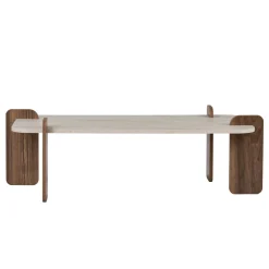 Table basse design bords ronds décor travertin et noyer MARFA