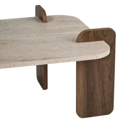 Table basse design bords ronds décor travertin et noyer MARFA