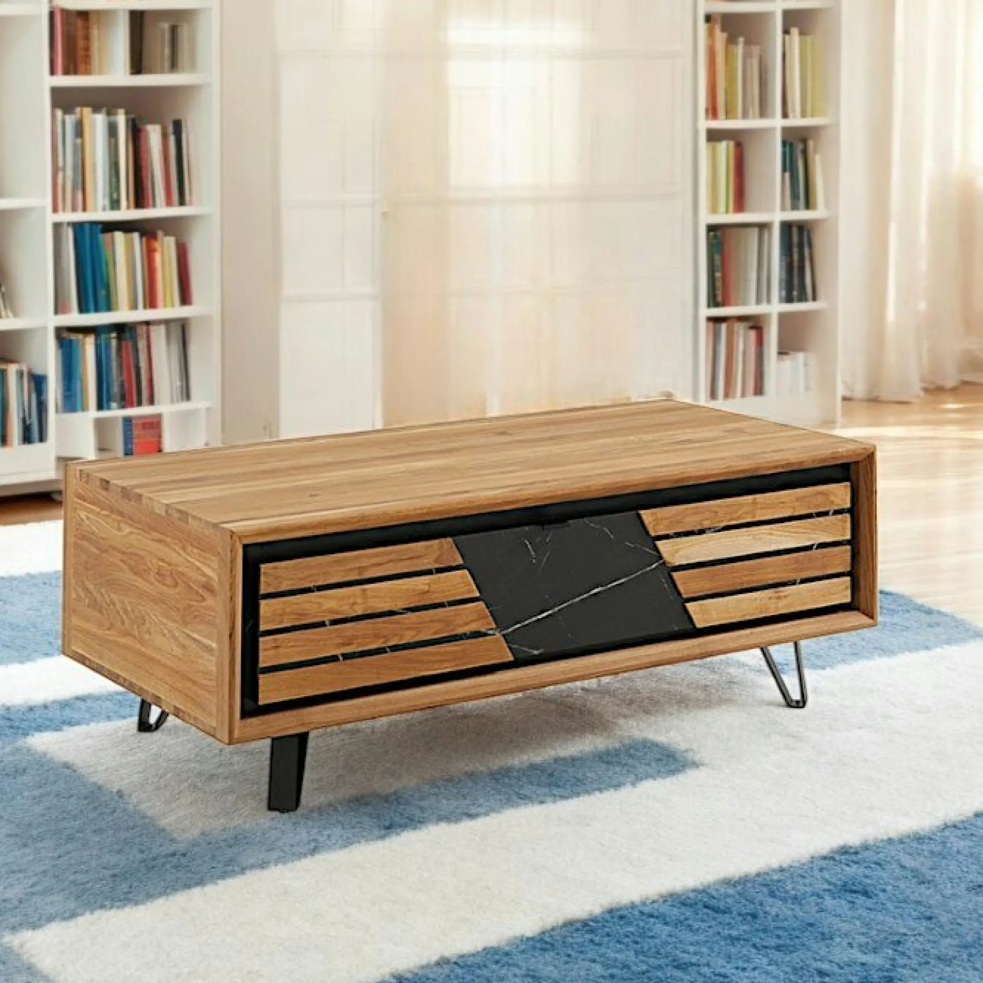 Table basse design en bois de chêne finition miel, 1 tiroir ESSEN
