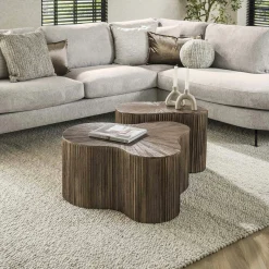 Table basse design en bois de teck avec plateau en marqueterie (lot de 2) YOGY