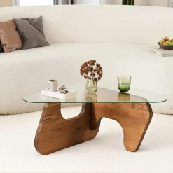 Table basse design en verre et bois brun - forme triangle ANZIO