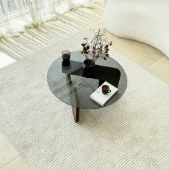 Table basse design en verre fumé - pied bois brun ANZIO