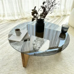 Table basse design en verre fumé – pied bois clair ANZIO